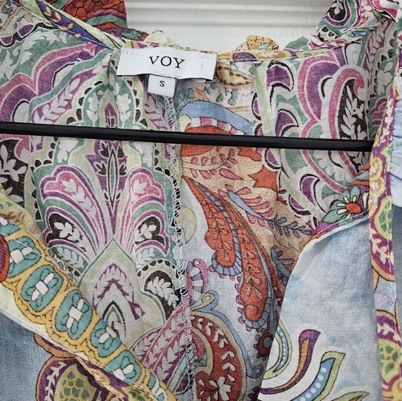 VOY Paisley Tie Neck Blouse Flutter Sleeve Small Boho - Picture 2 of 5